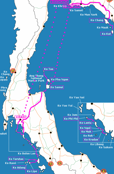 Thajské ostrovy křížem krážem, mapa