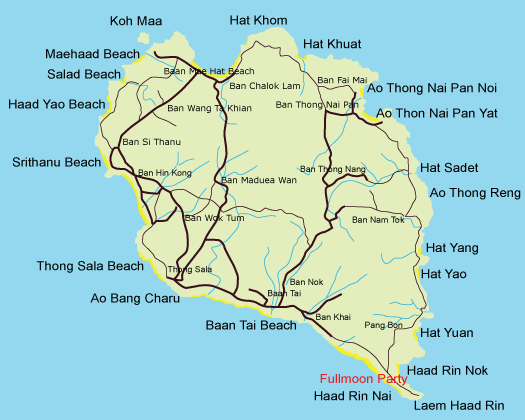 Mapa ostrova Koh Phangan, Thajsko